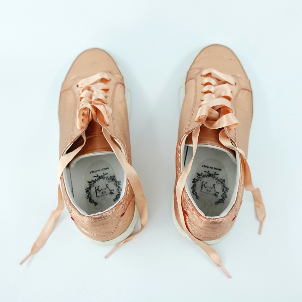 Del Toro Leather Sneakers Womens 9 Pink Metallic Low Top Satin Laces Shoes Glam - Picture 12 of 16